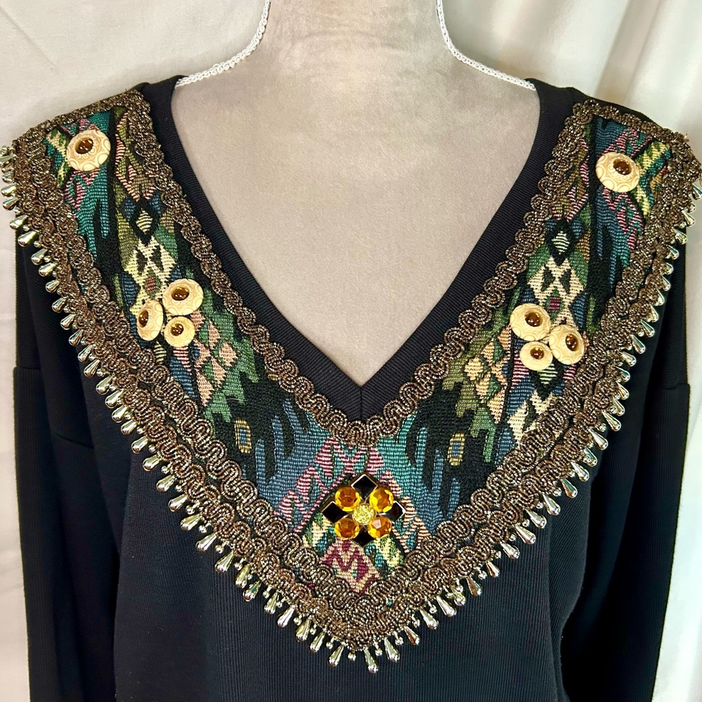 Vintage ‘90s Basil Black, Multicolored Embroidered Mixed Media Top, Size XL